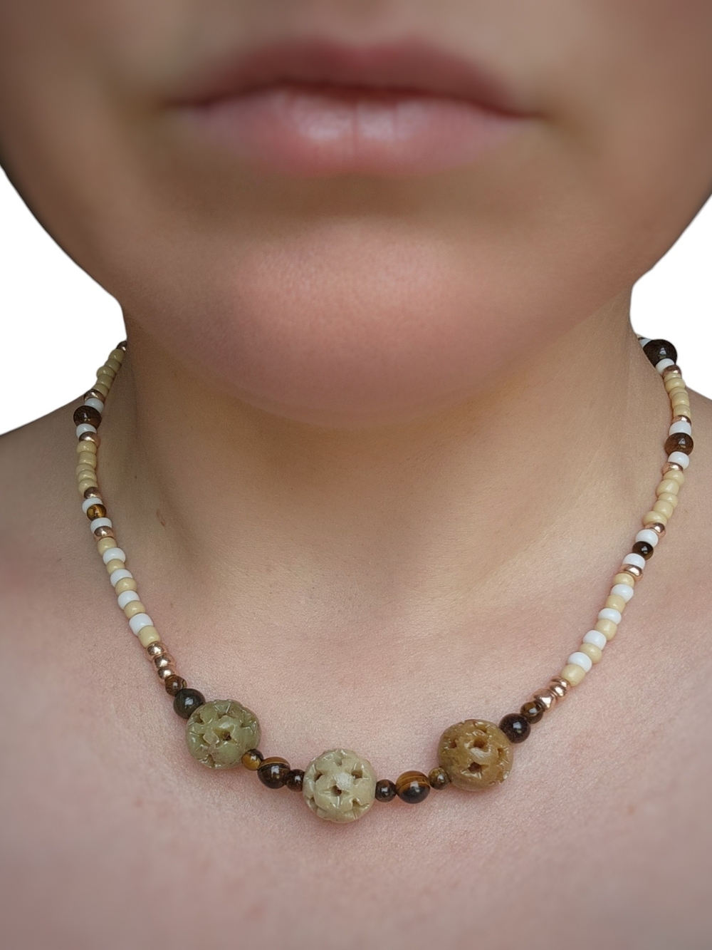 Tigers Eye & Soapstone Beaded Necklace With Glass Bead Accents